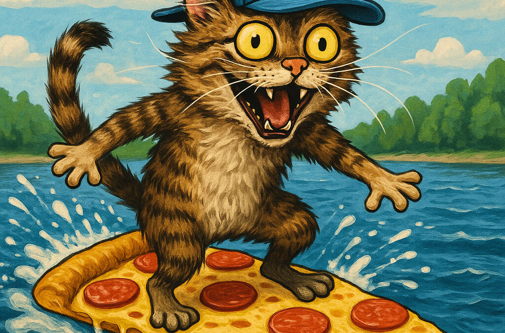 Pizza-surfing Cat